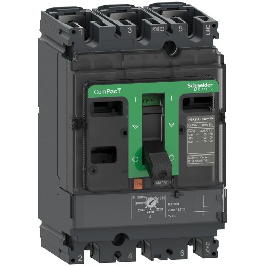 C25N3MA220 – Schneider Electric Circuit breaker ComPacT NSX250N, 50kA at 415VAC, MA trip unit 220A, 3 poles 3d — SCHNEIDER