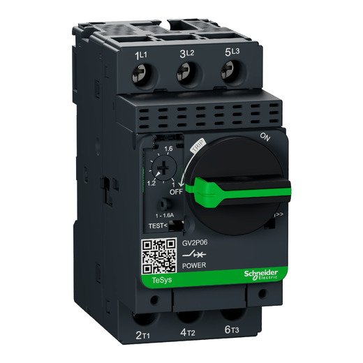 GV2P06 – Schneider Electric Motor circuit breaker, TeSys GV2, 3P, 1-1.6 A, thermal magnetic, screw clamp terminals — SCHNEIDER