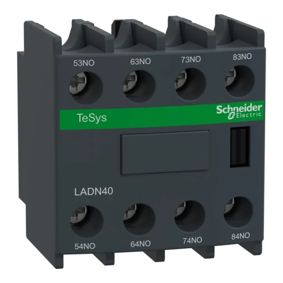 LADN40 – Schneider Electric Auxiliary contact block, TeSys D, 4NO, front mounting, screw clamp terminals — SCHNEIDER