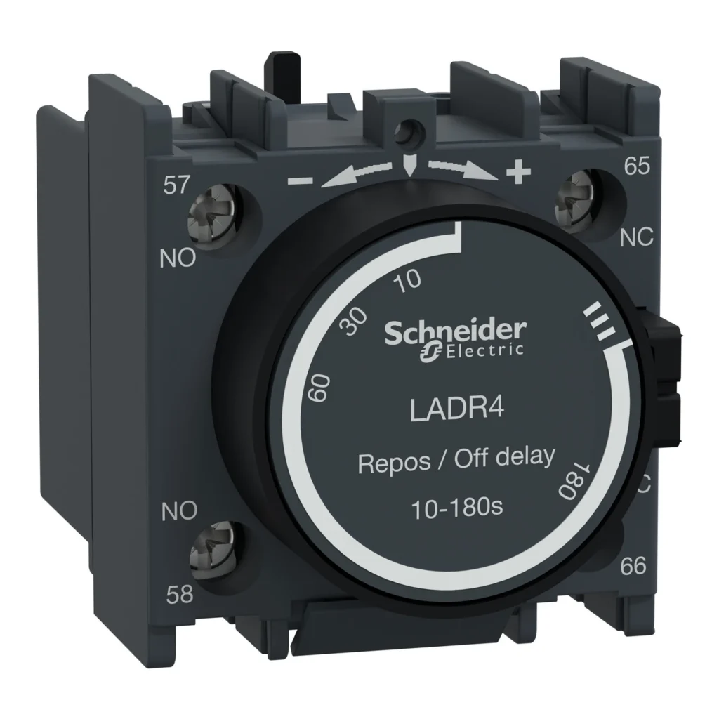 LADR4 – Schneider Electric Time delay auxiliary contact block, TeSys D, 1NO + 1NC, off delay 10-180s, front, screw clamp terminals — SCHNEIDER