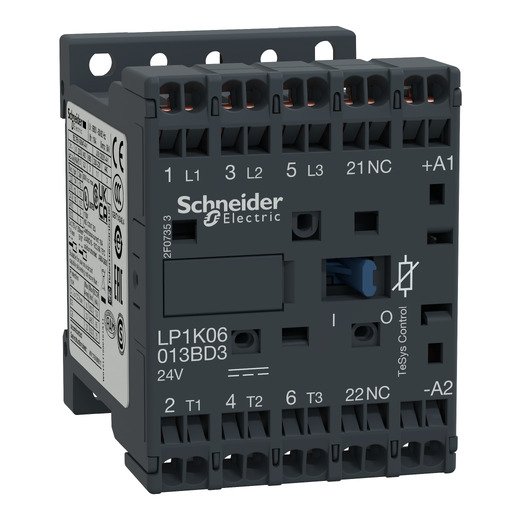 LP1K0601BD3 – Schneider Electric Contactor, TeSys K, 3P, AC-3/AC-3e, 440V, 6A, 1NC aux, 24V DC coil, with integral… — SCHNEIDER