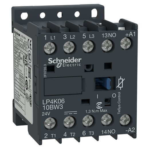 LP4K0610BW3 – Schneider Electric Contactor, TeSys K, 3P, AC-3/AC-3e, 440V, 6A, 1NO aux, 24V DC low consumption coil — SCHNEIDER