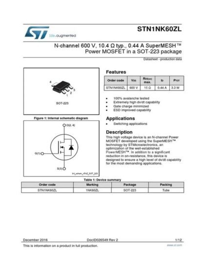 STN1NK60ZL Mosfets N-channel